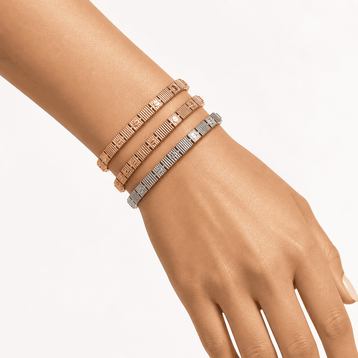 Tri-Tone Ribbed Link Bracelet Set