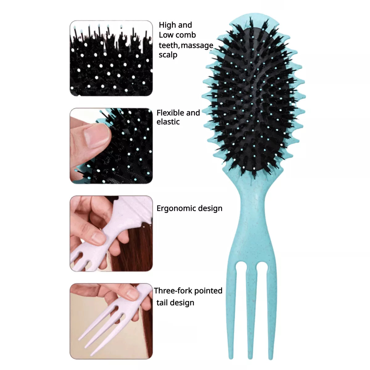 Hair System Curly Hair Brush with Three-Pointed Fork Design Tail.